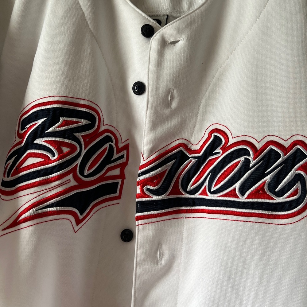 Boston Script Button-Up Jersey - White with Red & Navy